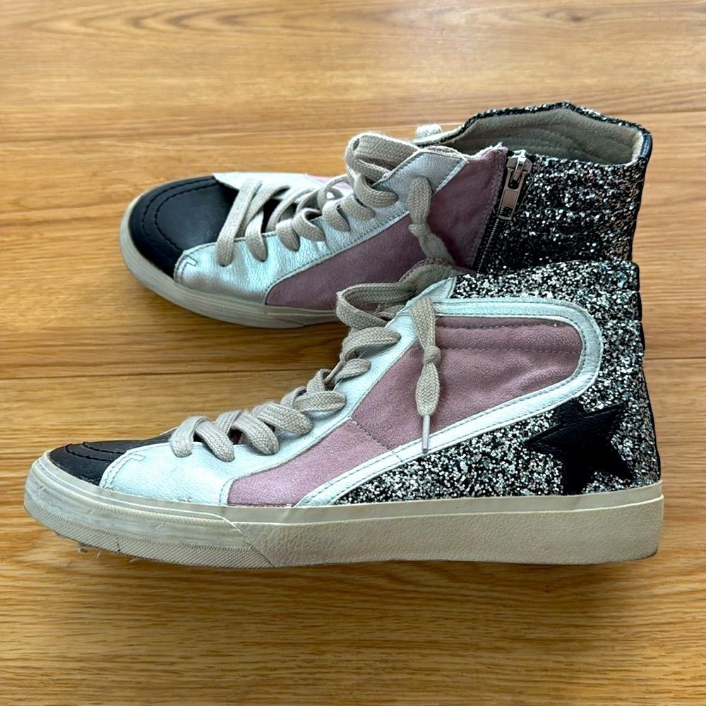 Shu Shop Womens Glitter Star High Top Sneakers Size 10 Silver Pink Fashion - Picture 4 of 10